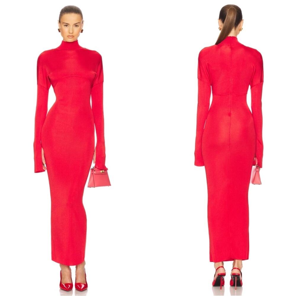 HELSA Cordelia Long Sleeve Knit Mockneck Bodycon Red Maxi Dress Size XXS